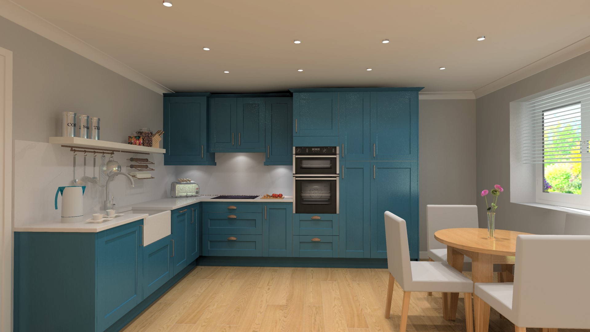 Marine blue shaker style kitchen with white worktop and a Belfast sink